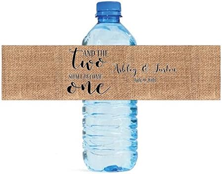 and the Two Shall Become One on Burlap Wedding Engagement Party Water Bottle Labels by DesignThatSign
