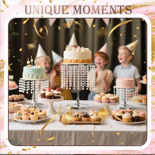 Metal Mirror Cake Stand Set with Crystal Pendants - Elegant Dessert Table Display for Weddings, Birthday Parties, Baby Showers, Events - Sturdy Crystal Bling Cupcake Stands for Pastries, Sweets, Decorations (Silver, Set of 6) - Image 5