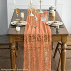 Artoid Mode 10PCS Orange Gold Gauze Table Runner 120 Inch 10FT, Glitter Metallic Foil Sheer Dining Wedding Anniversary Holiday Table Decor for Home Party - Image 3