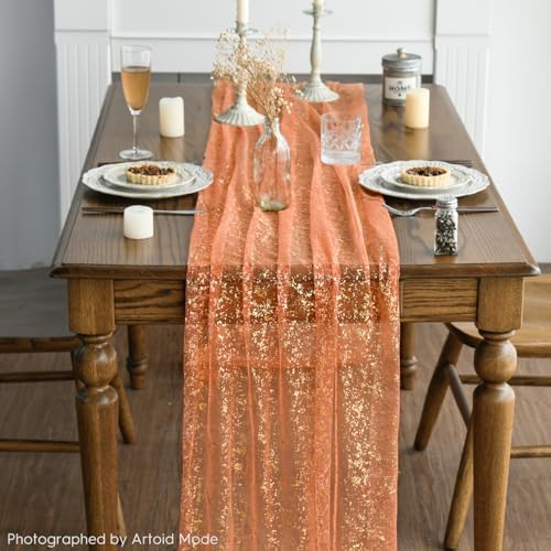 Artoid Mode 10PCS Orange Gold Gauze Table Runner 120 Inch 10FT, Glitter Metallic Foil Sheer Dining Wedding Anniversary Holiday Table Decor for Home Party - Image 3