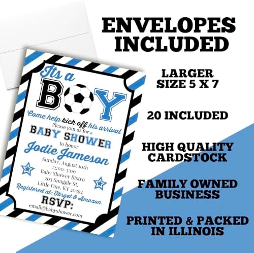 Amanda Creation Custom Baby Shower Invites Soccer Baby Shower Invitation 20 5x7 Custom Personalized Blue Soccer Ball Invites With Envelopes - Image 6