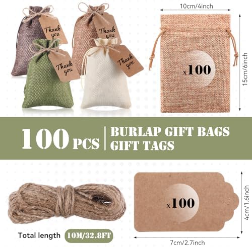 Woanger 100 Pcs Drawstring Burlap Gift Bags 4x6'' with Tags, Brown Green - Image 2