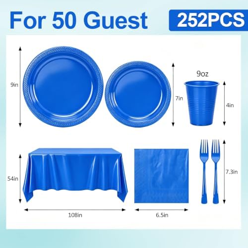 Blue Plastic Party Plates 50 Guests Disposable Dark Blue Plates&Napkins Set - Image 3