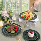 Liacere 350PCS Green Plastic Plates - Dark Green Disposable Plates With Gold Rim - 50Guest Baroque Plastic Dinnerware include 100Plates-50Pcs Pre Rolled Napkins with Silverware 50Cups for Party - Image 6