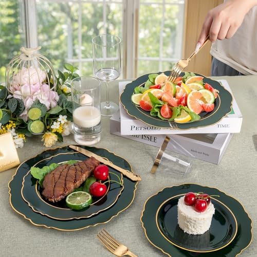 Liacere 350PCS Green Plastic Plates - Dark Green Disposable Plates With Gold Rim - 50Guest Baroque Plastic Dinnerware include 100Plates-50Pcs Pre Rolled Napkins with Silverware 50Cups for Party - Image 6