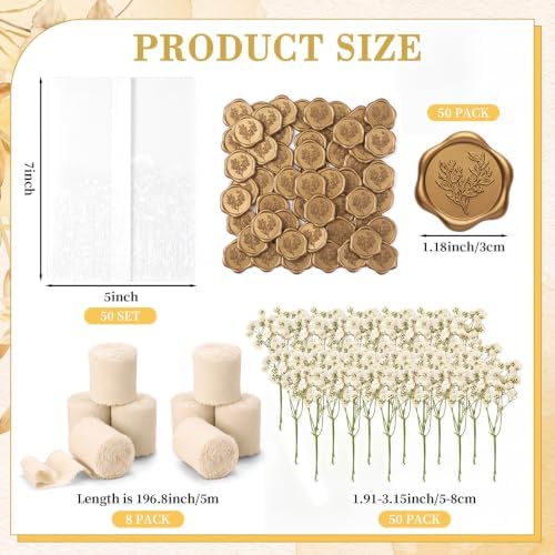 Fuyoooo 50 Set Wedding Invitations Wraps Set Pre Folded Vellum Jackets for 5 x 7 Invitations Self Adhesive Wax Seal Stickers Dried Baby's Breath Chiffon Silk Ribbon for Craft DIY (Wildflower Style) - Image 2