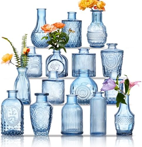 Glass Bud Vases Set of 16 - Blue Assorted Small Mini Glass Vases for Flowers, Crystal Vintage Vase Set, Bulk Centerpieces for Table Décor, Wedding, Home and Events (Blue, 16 Pcs) by Unknown