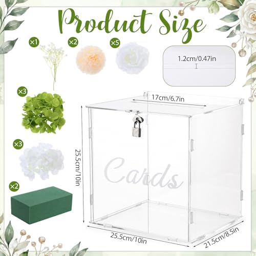 25 Pcs Clear Acrylic Wedding Card Box Set, Large DIY Gift Card Box with Slot & Lock, 15 Silk Flowers, Foam Blocks, Money Holder for Wedding Reception, Baby Shower Party Table Decor - Image 2