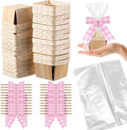 Kigley 24 Set Pink Gingham Wooden Gift Baskets with Cellophane Bags Bows by Kigley