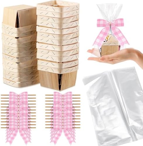 Kigley 24 Set Pink Gingham Wooden Gift Baskets with Cellophane Bags Bows by Kigley