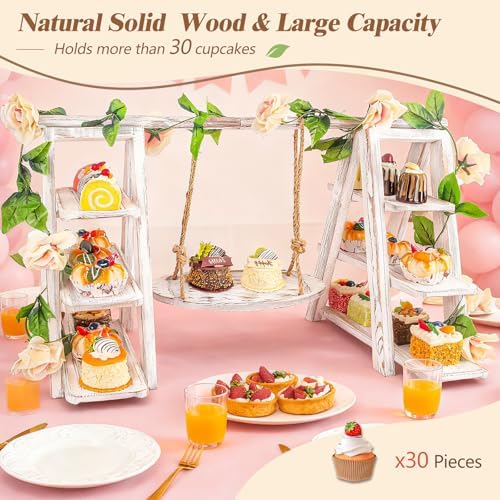 Wisreach Wooden 3 Tier Cupcake Stand with Swing and Flower Decoration Serving Removable Tray Display Serving Ladder Foldable Stand with Serving Platter Tray Party Food Display Set for Cake Snack Fruit Chips Bread Centerpieces Catering - Image 3