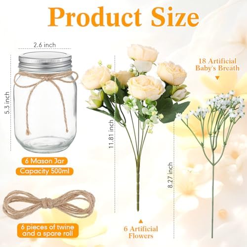 Zeyune 6 Sets Mason Jar Flowers Centerpiece Table Decorations,Champagne - Image 3