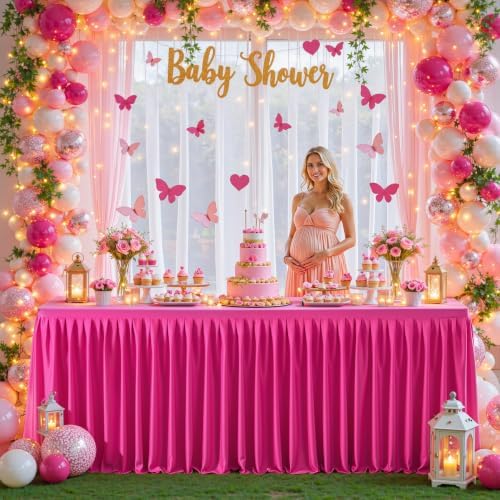 1 Pack Hot Pink Rectangle Table Clothes for 8 Foot Tables, Polyester Wrinkle Free Fitted Tablecloths 8ft Stretch Table Cover with Skirt for Wedding, Birthday, Parties, Trade Show, Craft Show - Image 3