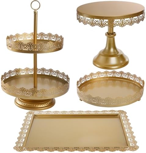 TOPZEA 4-Piece Gold Cake Stand Set, Vintage Metal Dessert Table Display Set with 2-Tier Cupcake Holder & Serving Trays for Wedding, Baby Shower, Tea Party, Birthday Decorations by TOPZEA