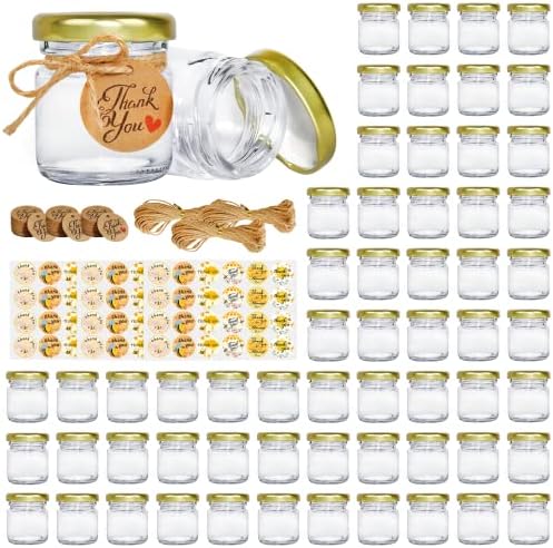GIVAMEIHF Mini Honey jars 1.5oz, 60 pcs Honey Jars with 60 Bee Stickers,Tags,Jutes Rope,Mini Honey Jars with Lids, Perfect for Candle Jar,Spices,Jams,Baby Shower, Wedding Favors, Party Favors by GIVAMEIHF