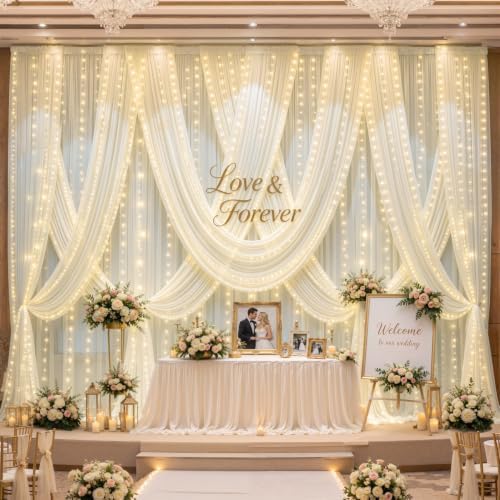 20x10ft Beige Tulle Backdrop Curtains with Lights String for Parties,Wrinkle Free Sheer Curtain with Lights Wedding Photo Backdop Drapes for Baby Shower Birthday Party Photography Home Decorations - Image 2