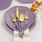 KIRE 140Pcs Purple Plates with Gold Rim - Plastic Plates for Party - Image 4