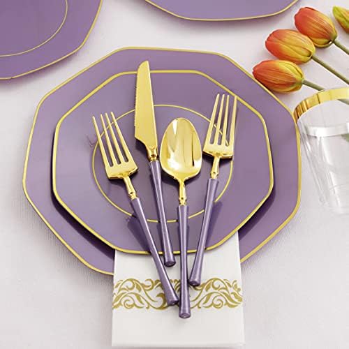 KIRE 140Pcs Purple Plates with Gold Rim - Plastic Plates for Party - Image 4