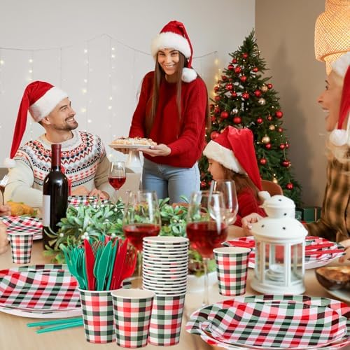 Funnymoom 400 Pcs Christmas Party Supplies for 50 Guests Gingham Paper Plates and Napkins Knives Spoon Fork Cup Disposable Checkered Dinner Party Cutlery for Baby Shower Wedding Favor (Red and Green) - Image 5