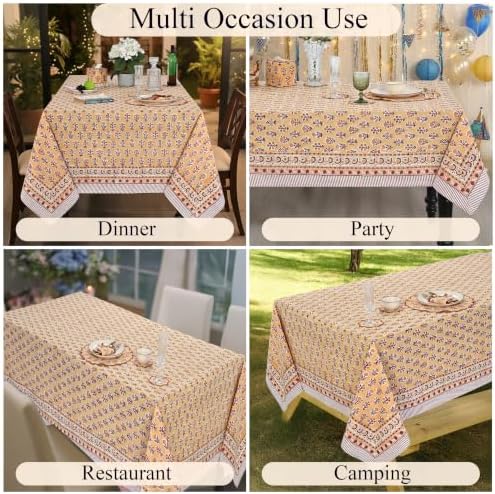 Ridhi Amber Marigold Block Print Rectangle Tablecloth, 52x70 Inch - Image 5