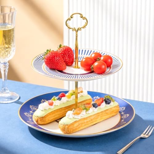 KAMMAK 2-Tier Porcelain Cupcake Stand Serving Tray, Dessert Plates Cake Fruit Candy Display Tower, Reusable Pastry Platter for Wedding Birthday Baby Shower Tea Party Decorations (Blue) - Image 3