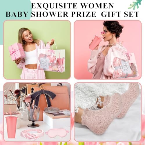 Nuogo 6 Set 43 Pcs Baby Shower Prizes for Game Winners Baby Shower Favors Gifts Include Plastic Tumbler Blanket Eye Masks Silk Headband Bag Socks Tag Ribbon, Bridal Player Winners Game Gifts (Pink) - Image 7