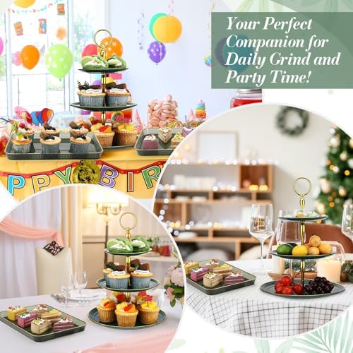 6 Pcs 3 Tier Green Cupcake Stand Tiered Serving Tray with Gold Rim Rectangle Serving Trays Round Plastic Dessert Display Stand Cup for Holiday Wedding Birthday Tea Party Decor - Image 5