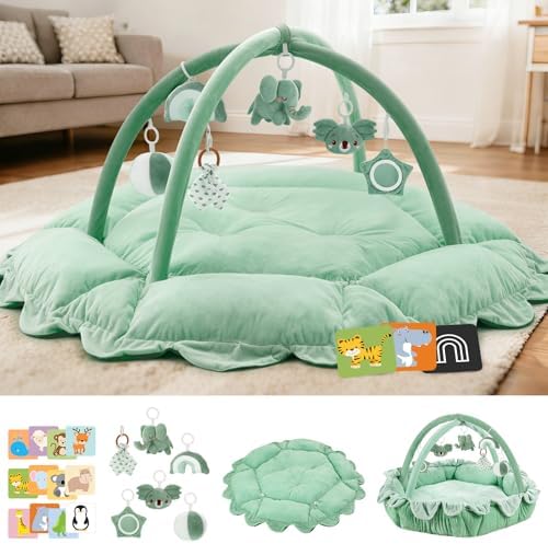 5-in-1 Baby Activity Gym & Play Mat with 6 Hanging Toys, Tummy Time Mat & Cards - Extra Large, Reversible Machine Washable Pad - Gift for Newborns, Infants 0-12 Months, Sage Green by Unknown