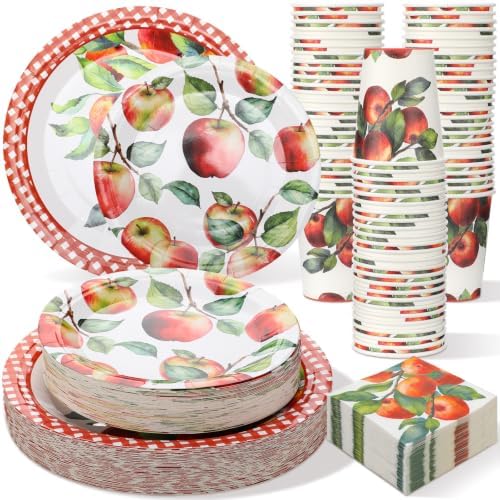 Domensi 250 Pcs Fall Apple Party Paper Plates and Napkins Forks by Domensi