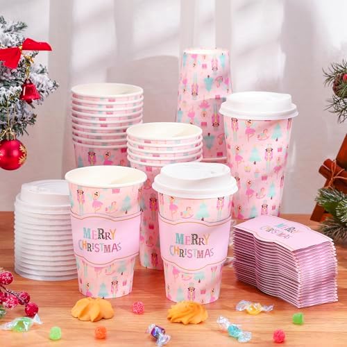 Whaline 50Pcs Merry Christmas Disposable Coffee Cups with Lids and Sleeves Pastel Pink Nutcracker Paper Drinking Cup for Xmas Birthday Party Supplies - Image 4
