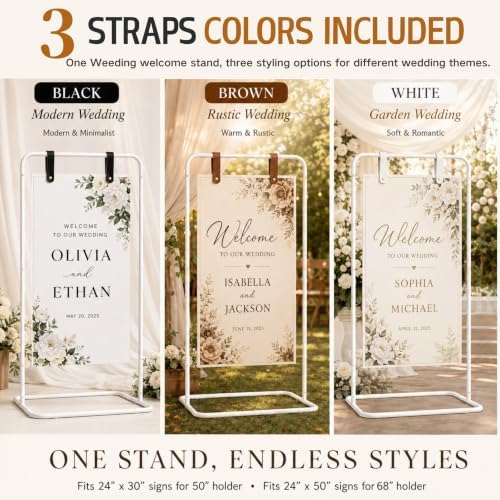 Wedding Welcome Sign Stand, White Sign Holder with Leather Straps - Image 6