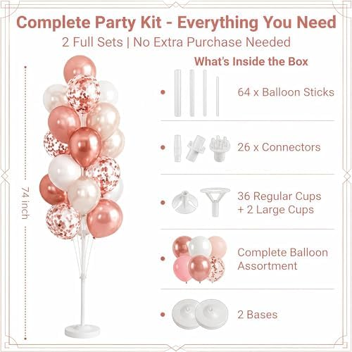 HIINS Rose Gold White Balloon Stand Kit Set of 2 with Base for Party Decor - Image 2