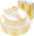 ejonirinjonir 180pcs Elegant White Plastic Plates for Wedding, Gold Trim by Ejonirinjonir