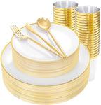 ejonirinjonir 180pcs Elegant White Plastic Plates for Wedding, Gold Trim by Ejonirinjonir