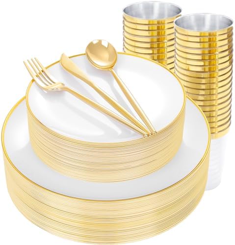 ejonirinjonir 180pcs Elegant White Plastic Plates for Wedding, Gold Trim by Ejonirinjonir