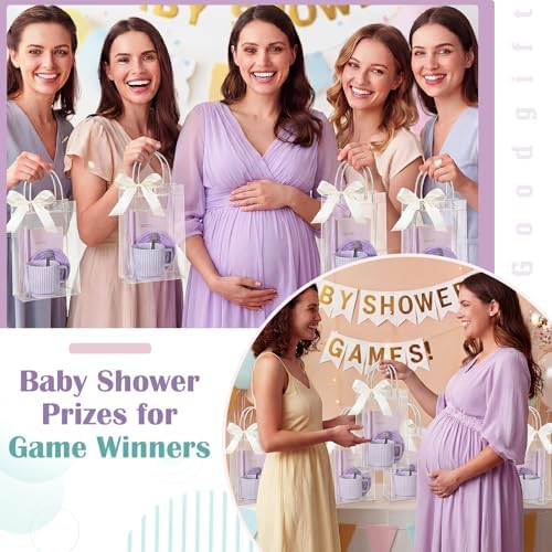 36 Pcs/6 Sets Baby Shower Prizes for Winners Include Ceramic Mugs with Spoons Woven Coasters Notebooks with Pens Clear PVC Gift Bags for Bridal Shower Party Favors(Purple) - Image 6