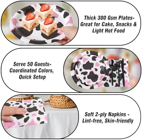 400 Pcs Disposable Pink Cow Print Tableware Set for 50 Guests - Image 6