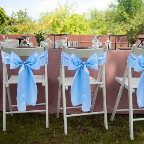 Large Satin Bow Decor with 50 Pack Chair Sashes - Perfect for Birthday, Wedding, Parties & Baby Shower | 24x36 Inch Giant Bows for Room Decor | Wide Fabric Ribbons for Banquet Chairs (Sky Blue) - Image 7