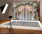 8 x 6 ft Wedding Wooden Backdrop Glitter White Curtain Rose Floral Wall Door Photography Backdrops Western Vintage Wedding Anniversary Banner Birthday Baby Showers Photo Shoot Decor Props Decoration - Image 2