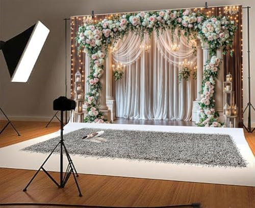 8 x 6 ft Wedding Wooden Backdrop Glitter White Curtain Rose Floral Wall Door Photography Backdrops Western Vintage Wedding Anniversary Banner Birthday Baby Showers Photo Shoot Decor Props Decoration - Image 2
