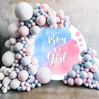 Polyester Diameter 7.5ft Round Boy or Girl Gender Reveal Backdrop Blue and Pink Watercolour Cloud Photography Background He or She Pregnancy Reveal Surprise Party Photoshoot Banner - Image 3