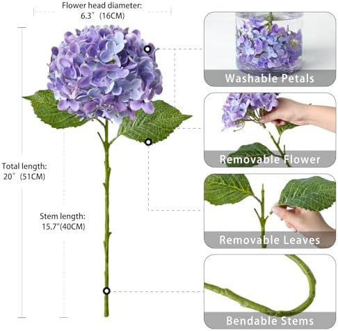 ZYTUYO 4 Pcs Bright Purple Real Touch Hydrangea Artificial Flowers Boho Lifelike Real Looking Latex Hydrangeas Flower with 20'' Long Stem for Indoor Xmas Home Decor Christmas Table Centrepiece - Image 6