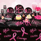 Funnymoom 452 Pcs Breast Cancer Awareness Decoration Black Pink Cure Faith Love Paper Plates Napkins Cups Tablecloth Cutlery Straws for Breast Cancer Awareness Month Women Charity Activities Supplies - Image 6