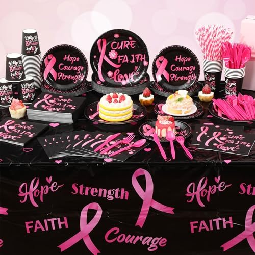 Funnymoom 452 Pcs Breast Cancer Awareness Decoration Black Pink Cure Faith Love Paper Plates Napkins Cups Tablecloth Cutlery Straws for Breast Cancer Awareness Month Women Charity Activities Supplies - Image 6