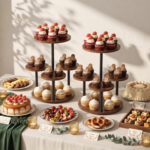 4 Tier Round Cupcake Tower Stand for 50 Cupcakes, 360° Rotating Wood Cake Stand with Tiered Trays, Farmhouse Cookie Stand for Dessert Table Display for Wedding Birthday Baby Shower Tea Party - Image 6