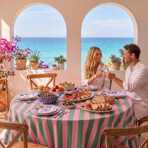 Tudomro Striped Tablecloth, Round, Pink, Grass Green, 60'' X 60'' - Image 4