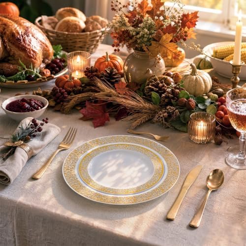 WDF 150PCS Gold Plastic Plates Set - Gold Plates 25Guests Gold Disposable Dinnerware Sets for Fall Party/Thanksgiving/Wedding - Image 6