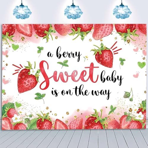 10x8 ft Strawberry Baby Shower Photo Banner Strawberry Girl Baby Shower Newborn Party Decorations Photography Backdrop A Berry Sweet Baby is On The Way Background Cake Table Supplies - Image 4