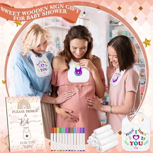 Panitay 100 Pcs DIY Baby Bibs Decorating Kit 50 White Bibs 25 Stencils 24 Markers 1 Baby Shower Game Sign - Image 6