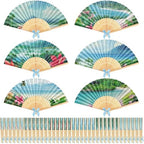 Roowest 36 Pcs Summer Tropical Folding Hand Fan Bulk Ocean Beach Lagoon Party Paper Fan with Blue Bow Palm Tree Landscape Handheld Fans for Luau Birthday Bridal Wedding Tea Party Hawaiian Decor by Roowest